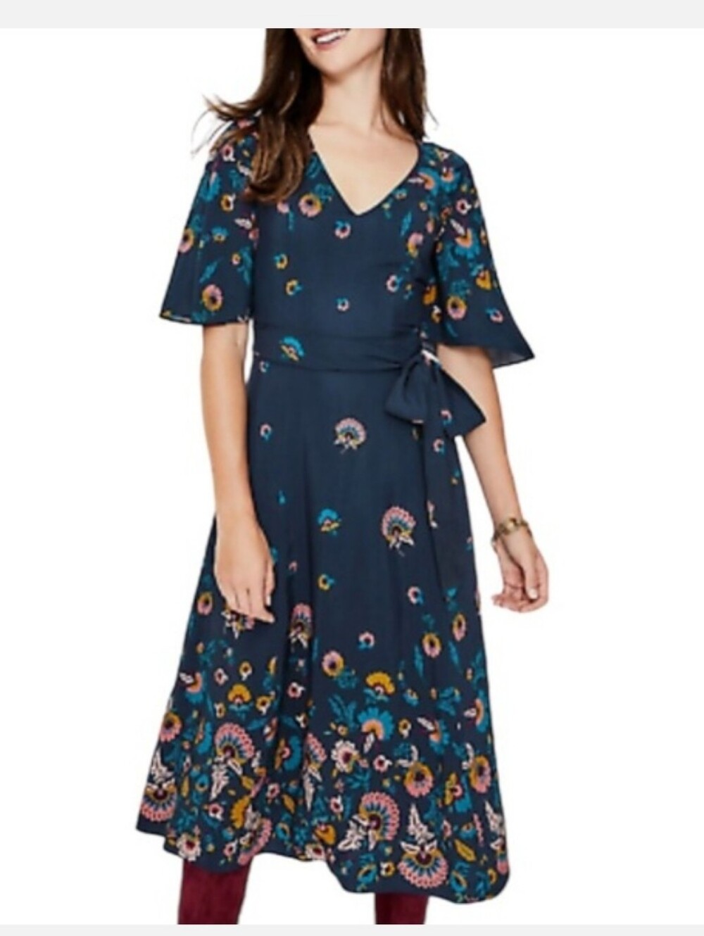 Boden Navy Floral V-Neck Tie-Waist Midi Dress